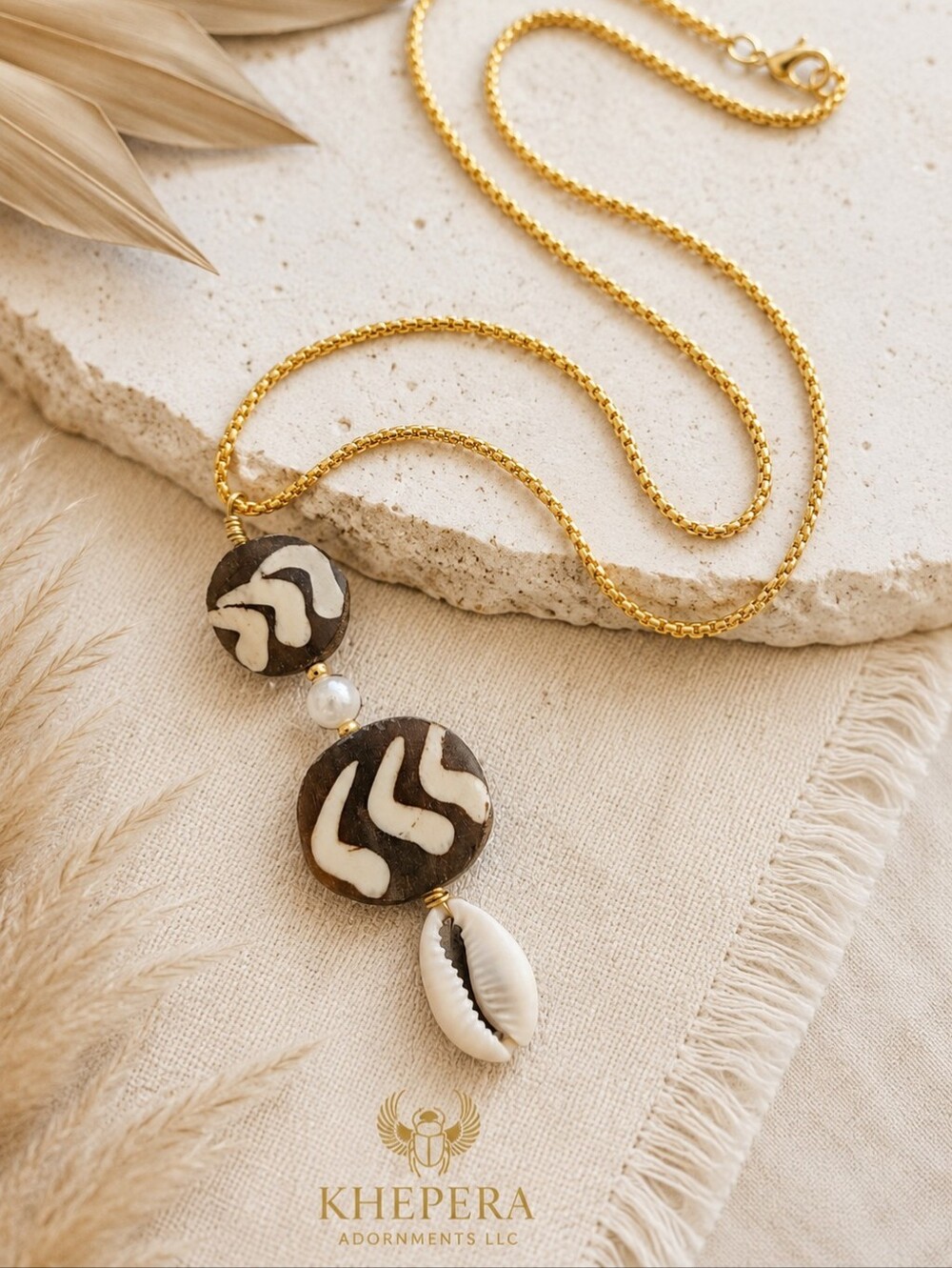 Cowrie Shell Necklace African Bead Batik Bone Tribal Cultural Ethnic Jewelry Art - Picture 2 of 3